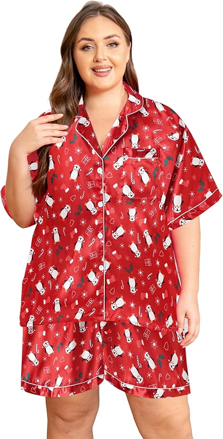 Vozanet Women's Short Sleeve Satin Pajama Sets Silky Ladies Button Down Loungewear Plus Size Nighty Shorts Sets XL to 5XL