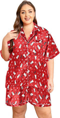 Vozanet Women's Short Sleeve Satin Pajama Sets Silky Ladies Button Down Loungewear Plus Size Nighty Shorts Sets XL to 5XL