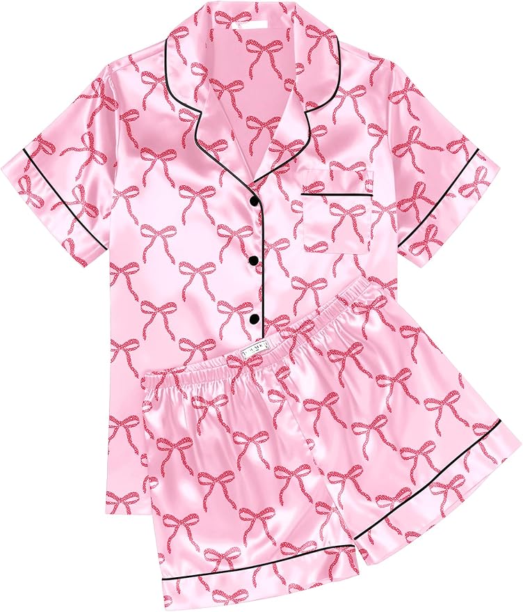 Ekouaer Womens Silk Satin Pajama Sets Soft Short Sleeve Button Down Sleepwear Top and Shorts 2 Piece Pjs Lounge Set