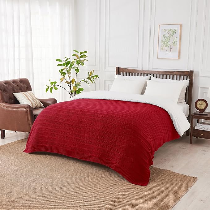 Douceur Christmas Red Throw Blanket for Bed, Soft Cozy Lightweight Stripe Pattern Knitted Throw Blanket for Sofa, Living Room Gift, 60"X80"