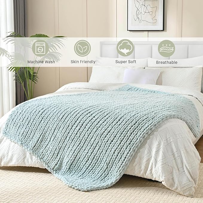 Esterra Chunky Knit Blanket Throw 60"x80", 100% Hand Knitted Chenille Throw Blanket, Cozy Soft Thick Cable Knit Throw Large Rope Knot Crochet Throw Blanket for Sofa Couch Bed, Sky Blue