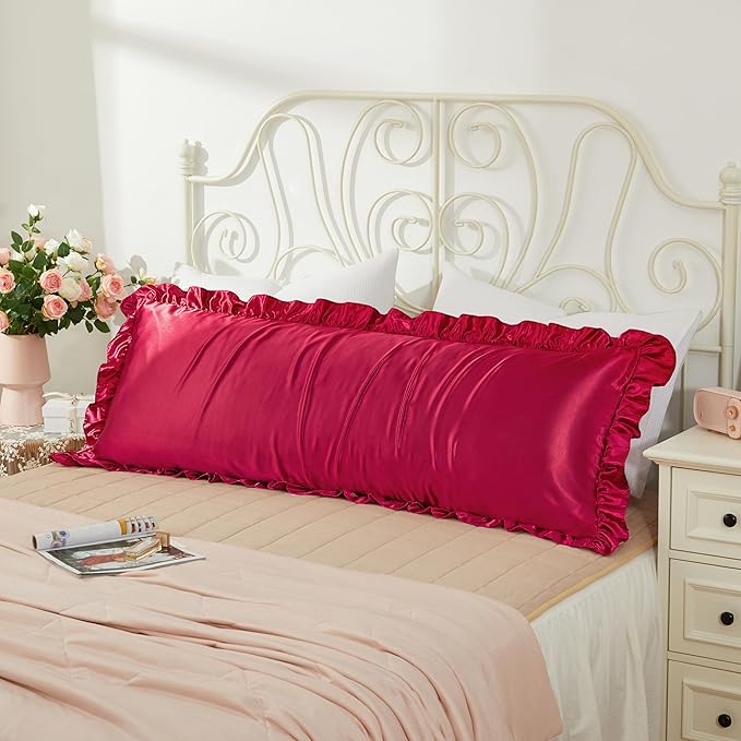 Wine Red Satin Pillowcases Body Pillow for Hair and Skin,Wine Red Body Pillow Silk Pillowcase with Envelope Closure Princess Room Decoration