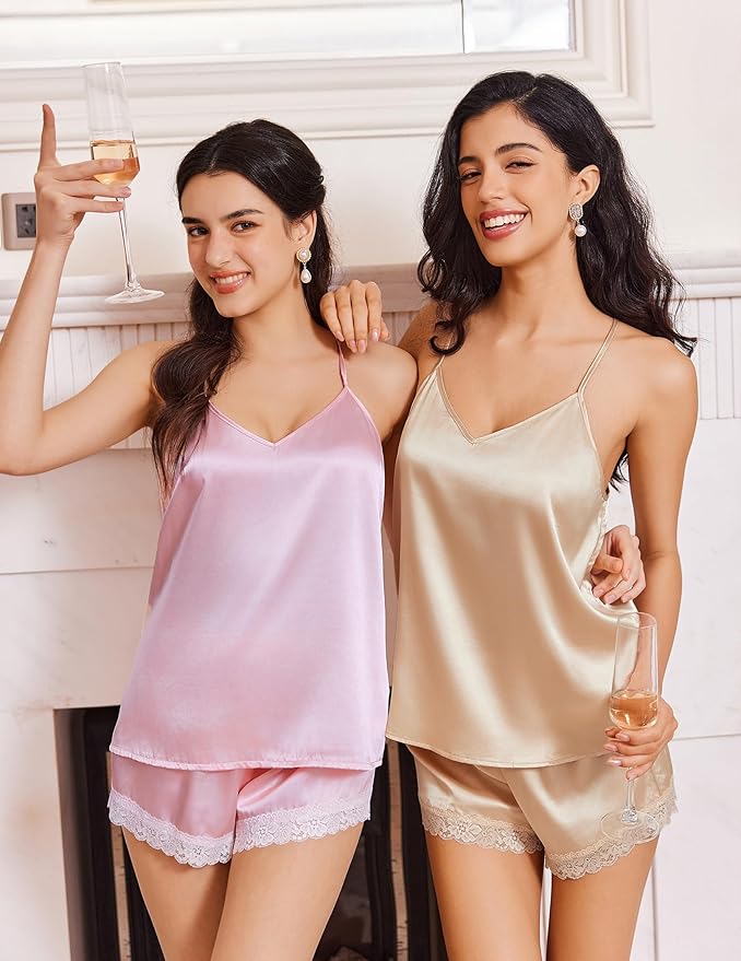 Ekouaer Satin Pajamas Women Lace Sleepwear Lingerie Cami Shorts Set Nightwear XS-XXL