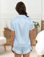 Silk Pajamas for Women Button Down 2 Piece Satin Pjs Shorts Set Ruffle Notch Collar Sleepwear Loungewear