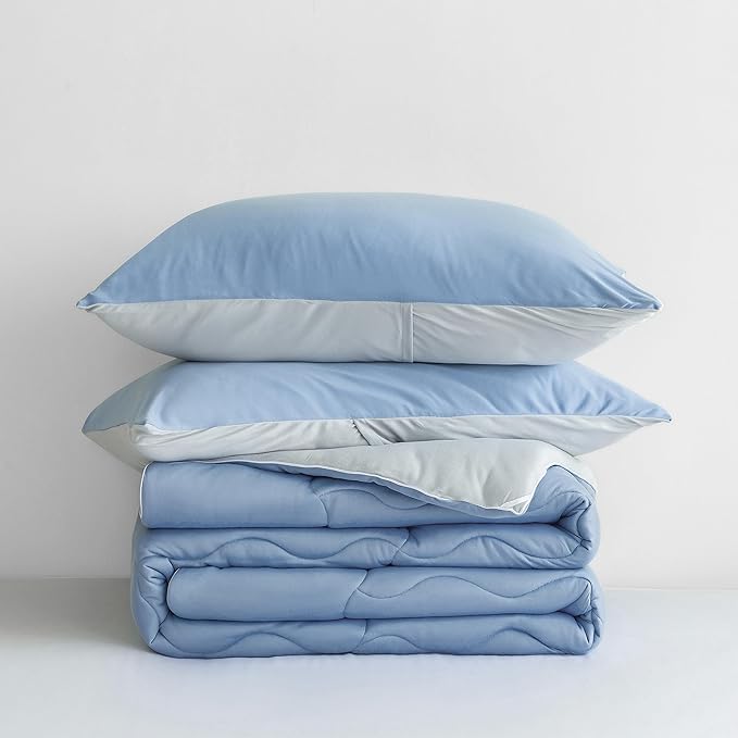 COTTEBED Blue and Grey KING Sized Bed Down Comforters Set, Jersey Knit Milk Cup Dual-Sided Reversible Softness Breathable Lightweight California King Bedding Alternative Quilt & Pillowsham All Seasons