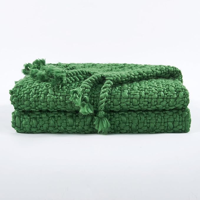 Home Soft Things Chunky Knit Basket Weave Throw Blanket 50"x60" - Boho Soft Microfiber with Braided Tassels - All Season Cozy Decorative Throw for Couch, Sofa, Bed, Indoor & Outdoor - Eden Green