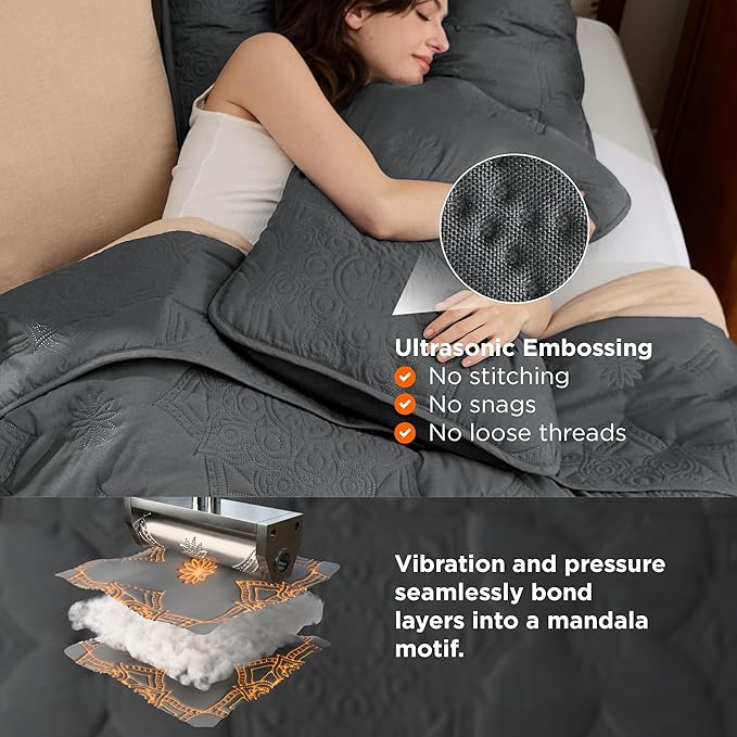 Bedsure Quilts Queen Size - Dark Grey Bedspread Queen Size & Lightweight Comforter, Modern Coverlet with Mandala Pattern, Ultra Soft All-Season Bedding, 90 x 96 Inches | Stitch-Free Quilting, Ultra Soft, Lightweight, Machine Washable, Pet-Friendly