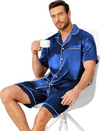 Ekouaer Mens Pajamas Set Silk Satin Sleepwear Short Sleeve Button Down Pjs Set 2 Piece Loungewear with Pockets S-XXL