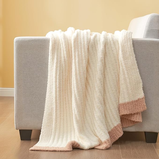 Snuggle Sac Fluffy Ribbed Cream Blanket Twin Size, Soft Luxurious Knit Throws, Fuzzy Plush Microfiber Blankets for Couch, Sofa, Bed, Cream, 60x80 inches