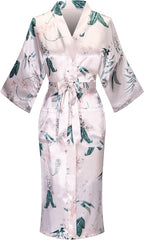 Valennia Women Long Silky Bathrobe Satin Kimono Robe Floral Printed Dressing Gown Sleepwear