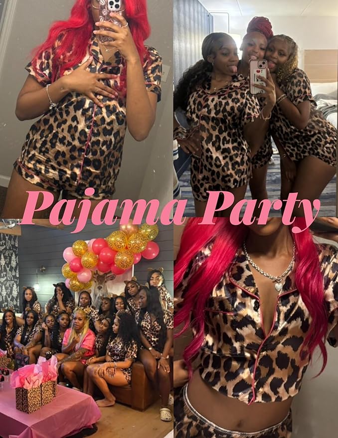Ekouaer Womens Silk Satin Pajama Set Print Short Sleeve Sleepwear Button Down Pjs Shorts Set Loungewear