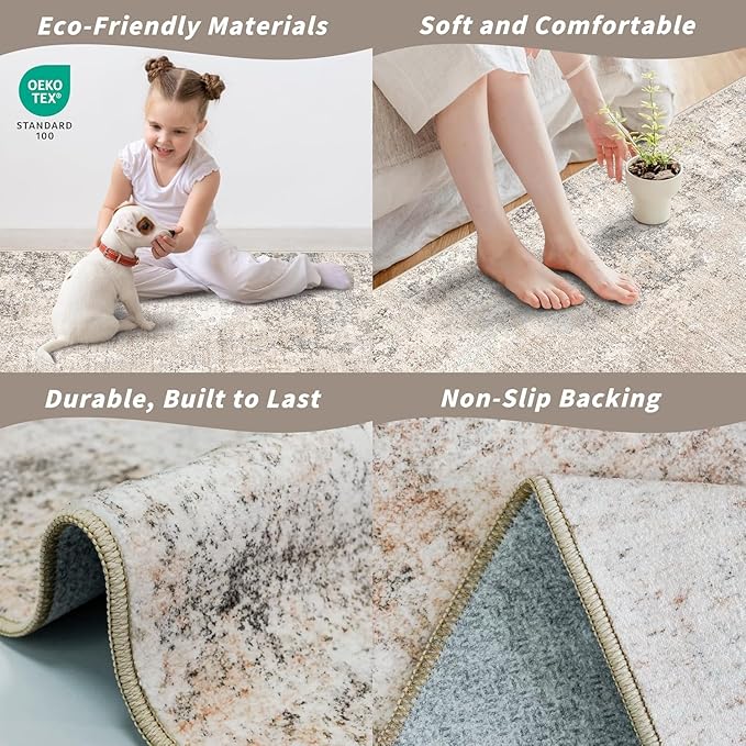 4x10 ft Extra Wide Hallway Rug – Non-Slip Washable Large Carpet Runner for Kitchen, Indoor Entryway, Modern Abstract Low-Pile Thin Floor Mat for Bedroom, Living Room, Dining Room (Beige Grey,4x10)