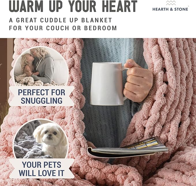 Chunky Knit Blanket Throw - 50"x60" 3.7 lbs.- Soft Chenille Yarn Knitted Blanket -Machine Washable Crochet Blanket - Handmade Cable Knit Throw Blanket for Couch, Bed (Blush Pink)