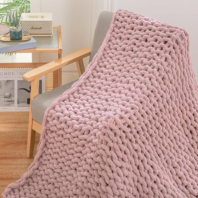 YAAPSU Chunky Knit Throw Blanket for Couch, 51"x63", 100% Hand Knitted Thick Cable Knit with Cozy Jumbo Chenille Yarn, Soft Large Rope Knot Crochet Blankets for Sofa Bed Living Room Décor, Dusty Pink