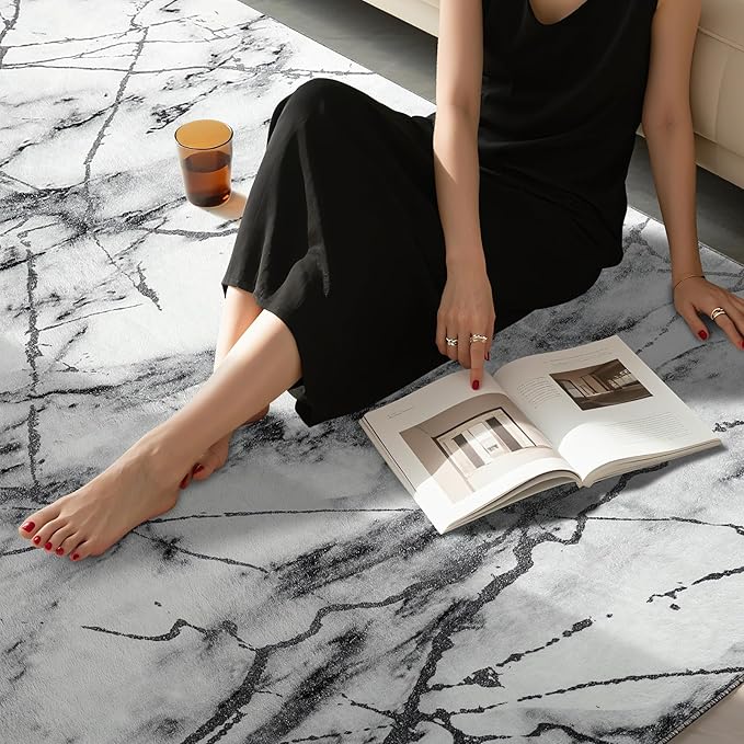 CRYPTOLITE Abstract Area Rug 5x7 Washable Rug with Non-Slip Backing Low Pile Area Rug Area Rugs for Living Room, Bedroom, Dining Room, Silver&Grey