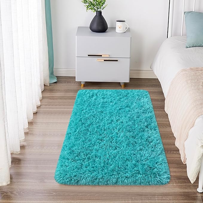 Small Fluffy Rugs for Bedroom 2x3 Teal Blue Shaggy Area Rug Soft Plush Fuzzy Fur Throw Rug for Living Room Dorm Kids Nursery Home Decor Aesthetic Carpets