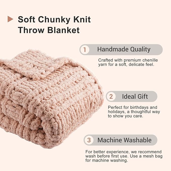 Battilo Chunky Knit Throw Blanket for Couch, 50"x60", Pink Chenille Throw Blanket, Super Soft Cozy Warm Cable Knitted Blankets for Bed, Sofa, Living Room
