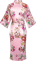 Valennia Women Long Silky Bathrobe Satin Kimono Robe Floral Printed Dressing Gown Sleepwear