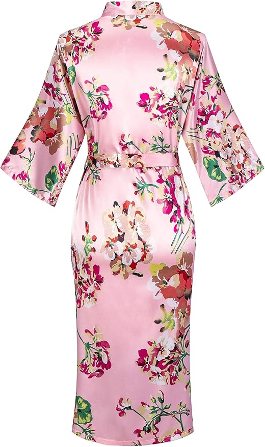 Valennia Women Long Silky Bathrobe Satin Kimono Robe Floral Printed Dressing Gown Sleepwear
