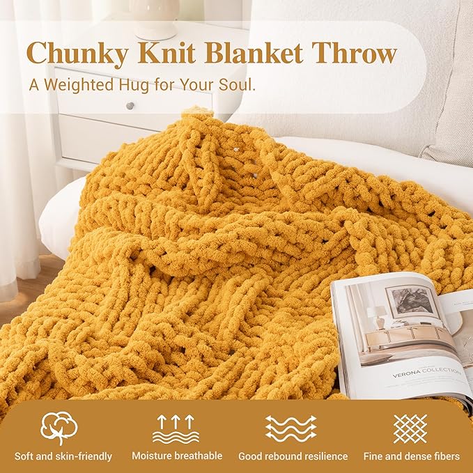 Bunnikins & Clover Mustard Yellow Throw Blanket for Couch, Chunky Knit Gold Blanket Throw with Chenille Yarn for Bed Living Room Home Decor, 50"x60"