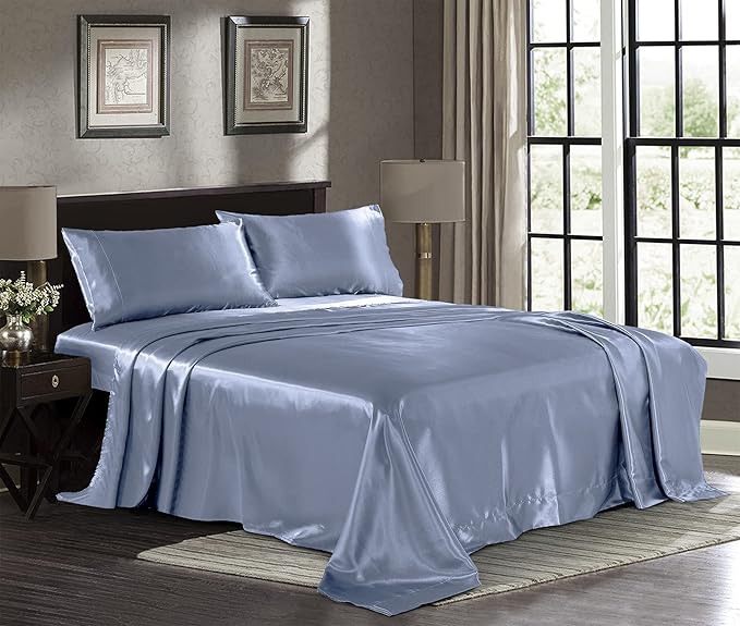 Pure Bedding Satin Sheets Twin [3-Piece, SkyBlue] Hotel Luxury Silky Bed Sheets - Extra Soft 1800 Microfiber Sheet Set, Wrinkle, Fade, Deep Pocket Fitted Sheet, Flat Sheet, Pillow Cases