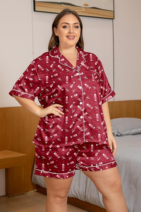 Vozanet Women's Short Sleeve Satin Pajama Sets Silky Ladies Button Down Loungewear Plus Size Nighty Shorts Sets XL to 5XL