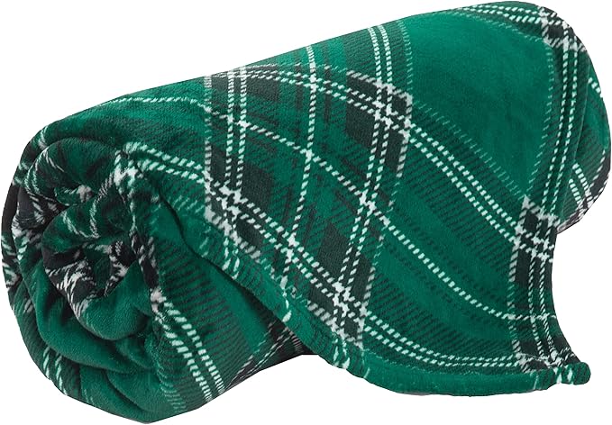 Elegant Comfort Luxury Velvety Feel Blanket, All-Season Lightweight Blanket, Ultra Plush, Soft, Cozy-Fuzzy Flannel Fleece for Couch, Sofa, Bed, Travel, Plaid Design, King/California King, Green