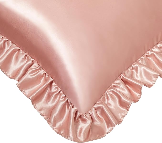 Silky Satin Ruffled Pillow Cases for Hair and Skin,Rose Gold Silk Pillowcases Queen Set of 2 with Envelope Closure Princess Room Decoration
