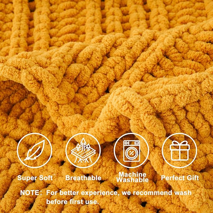 Battilo Mustard Yellow Throw Blanket for Couch, Chunky Knit Throw Blanket, 50"x60", Gold Fall Throw, Super Soft Cozy Warm Chenille Knit Blankets for Bed, Sofa, Living Room