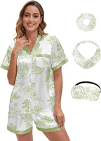 EPLAZA Silk Pajamas for Women Satin Pajamas Set 5 Pcs Long Sleeve Print Pattern Button Down Pjs Sleepwear Loungewear Set