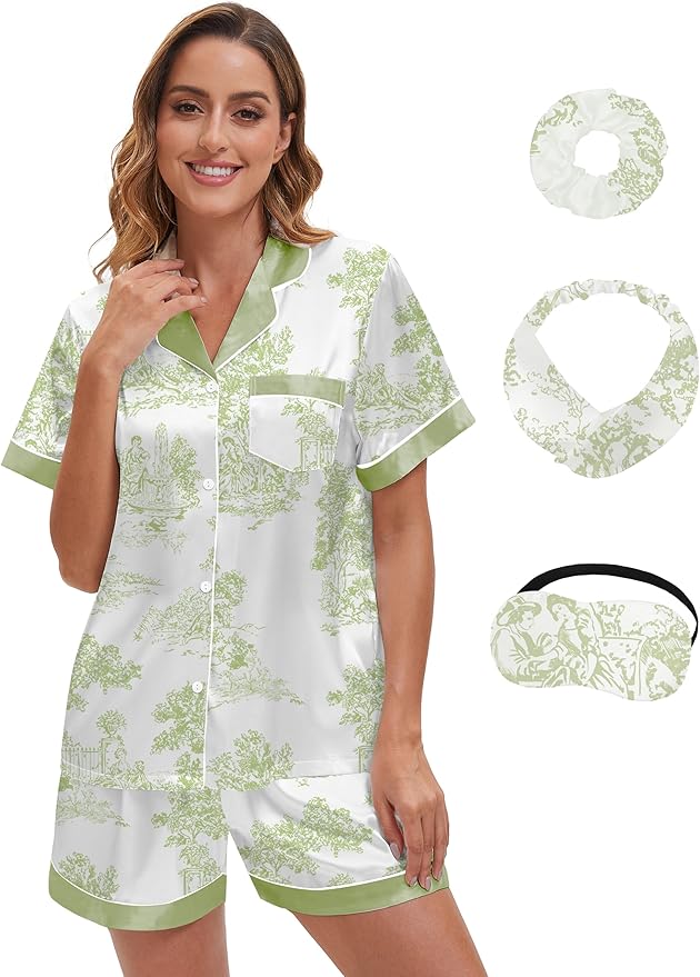 EPLAZA Silk Pajamas for Women Satin Pajamas Set 5 Pcs Long Sleeve Print Pattern Button Down Pjs Sleepwear Loungewear Set