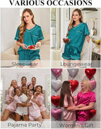 Silk Pajamas for Women Short Sleeve Satin 2 Piece Pj Set Soft V Neck Sleepwear Loungewear, S-XXL