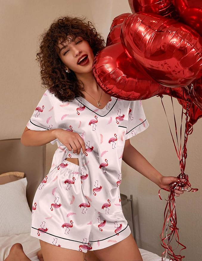 Ekouaer Silk Pajama for Women Short Sleeve Satin Pj Set Two Piece Soft Sleepwear Loungewear, S-XXL