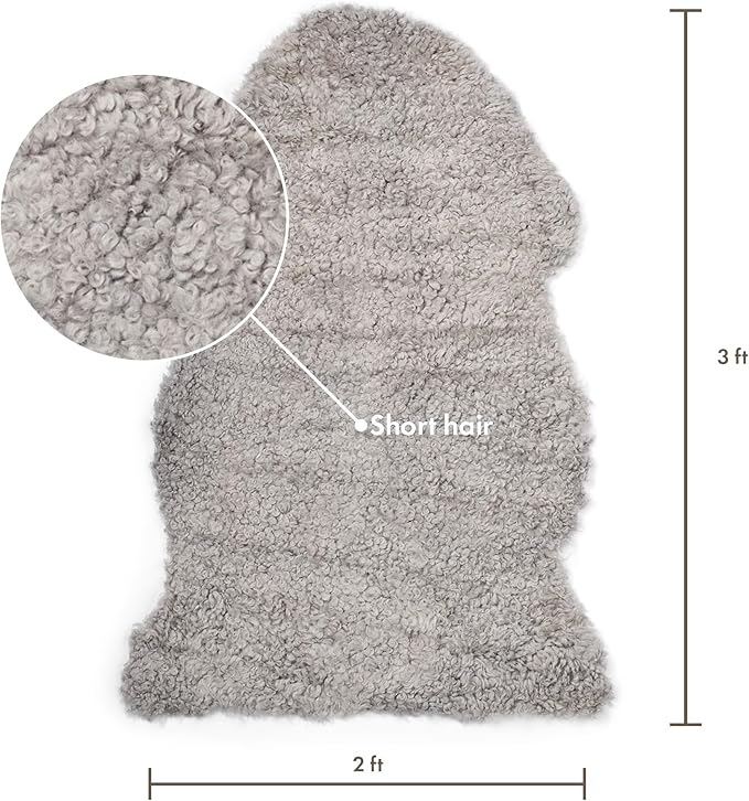 Nordic Sheep Real Sheepskin Rug Short Hair 2x3 ft | Bedside Rugs for bedrooms, Sofa, Chair or Dining Table | Each Sheepskin is Unique and Created by Nature | Small Fluffy Rug in Light Grey