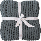 Bigacogo Chunky Knit Throw Blanket for Couch, 40x60 inches, 100% Hand Knitted with Thick Jumbo Chenille Yarn, Cozy Soft Large Rope Knot Cable Crochet Blankets for Sofa Bed Living Room, Iron Gray