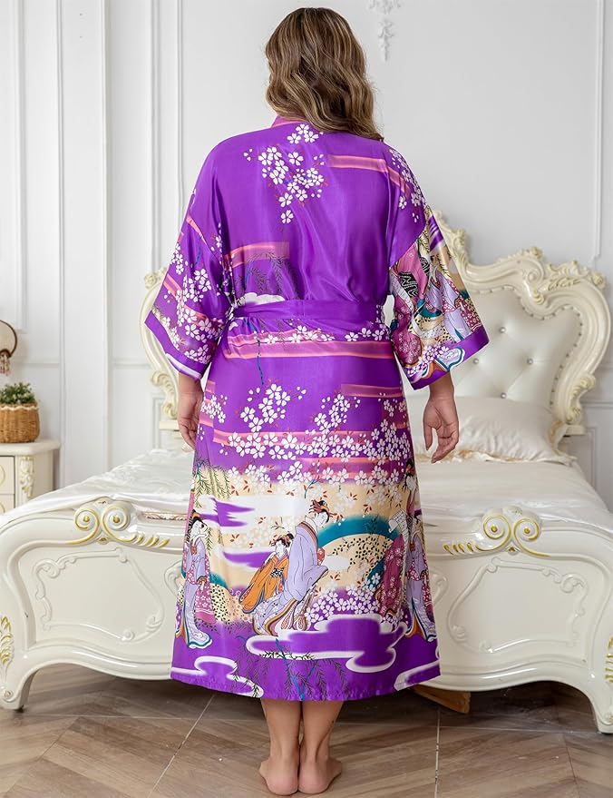 Women's Floral Long Satin Robes Plus Size Long Silk Robes Peacock Floral Kimonos Sleepwear Dressing Gown