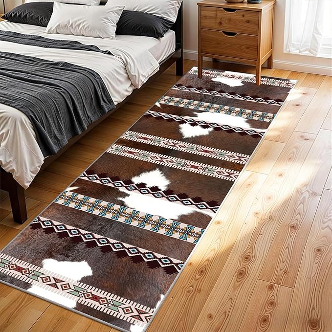 Country Cow Print Long Hallway Rug,2.6x10ft,Faux Cowhide Animal Print Southwestern Rugs,Western Aztec Tribal Decor Rustic Runner Rug, Non-Slip Washable Floor Mat for Kitchen Bedroom