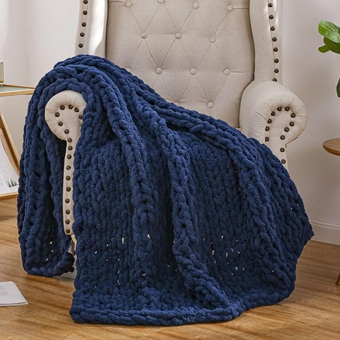 WESHIONGOO Chunky Knit Blanket Throw 51"×63" Knitted Throw Blankets for Couch Bed Fluffy Soft Blanket with Jumbo Chenille Yarn Thick 100% Handmade (Navy Blue)