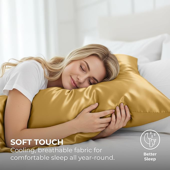 Pure Bedding Satin Pillowcase 2 Pack - King Size (20"x40", Gold) - Silky Pillow Cases for Hair and Skin - Satin Pillow Covers with Envelope Closure - Extra Soft Premium Microfiber