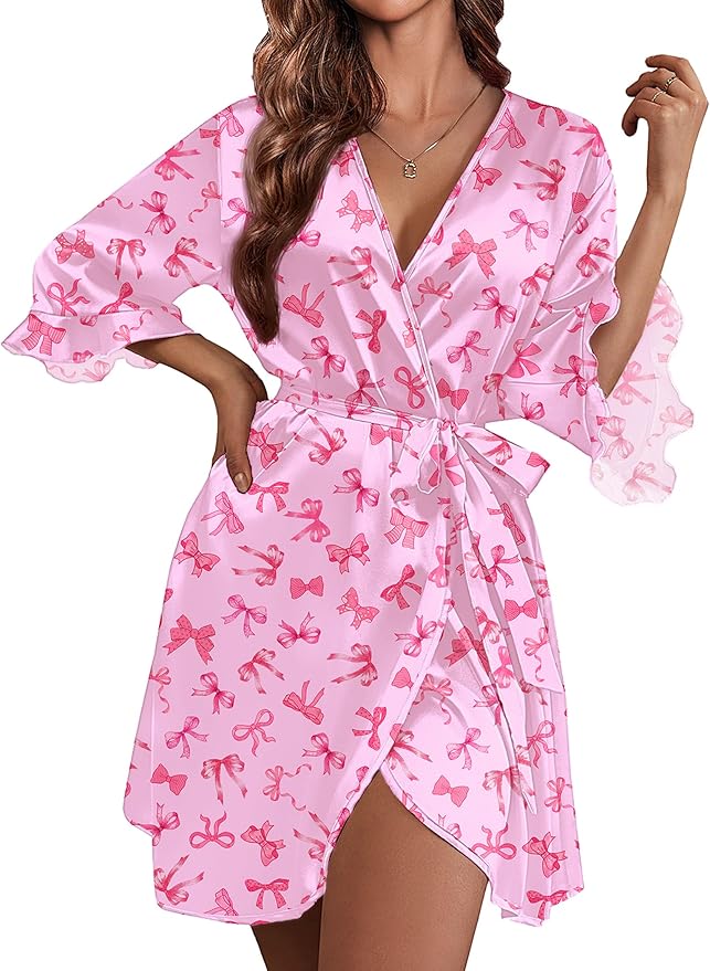 Ekouaer Women's Satin Robe Valentines Lingerie for Women Kimono Bathrobe Short Ruffle Belted Robes Bridesmaids Sleepwear