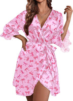 Ekouaer Women's Satin Robe Valentines Lingerie for Women Kimono Bathrobe Short Ruffle Belted Robes Bridesmaids Sleepwear