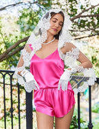 Ekouaer Satin Pajama Set for Women, Backless Silk Lingerie Pjs Back Tie-up Camisole Top and Shorts with Ruffle Sleepwear
