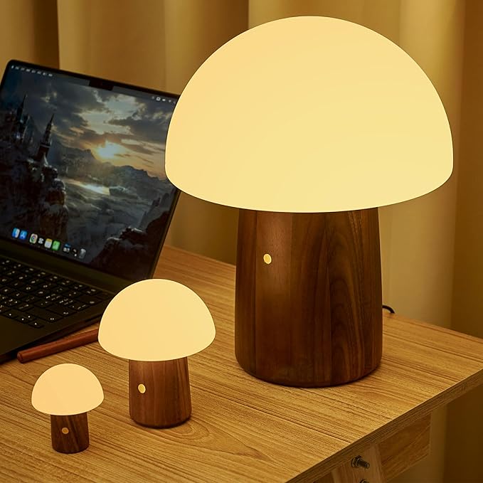 Gingko 7 Colour Changing RGB Alice Mushroom Lamp, Mood Light and Night Lights, Long Life Battery, USB-C Charging, 3 Light Modes, FSC Certified Wood with Frosted ABS Shade (White Ash, Super Mini)