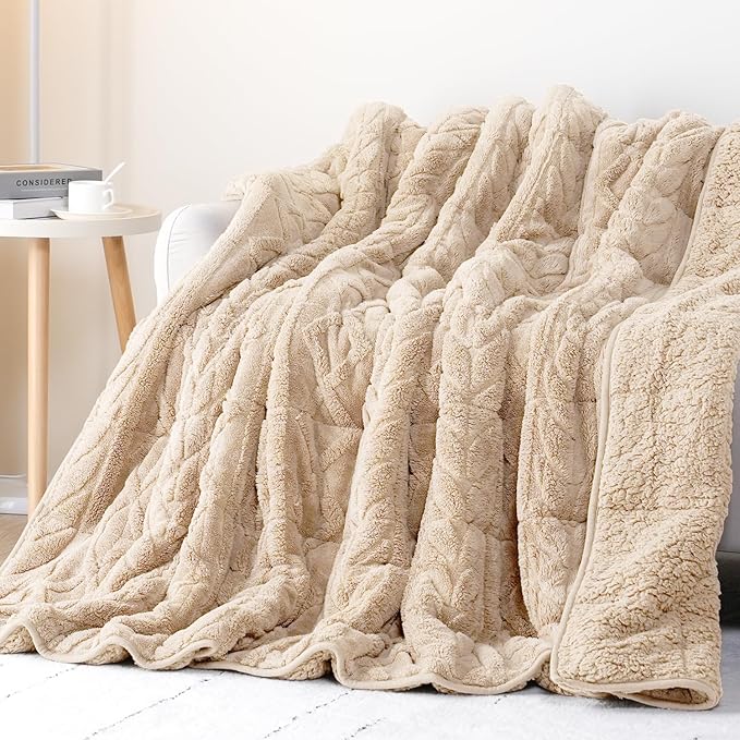 Cottonblue Jacquard Weighted Blanket 15 lbs for Adults Queen Size, Ultra Soft Sherpa Fleece Blanket for Relax and Sleep, Cozy Comfort Heavy Bed Blankets with Glass Beads, 60x80 Inches, Beige