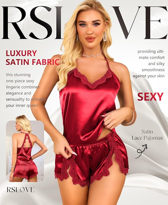 RSLOVE Women Pajama Set Sleepwear - Satin Pajamas Silk V Neck Cami and Shorts Pjs 2 Piece Womens Sexy Lace Lounge Nightwear