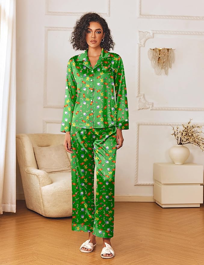Ekouaer Womens Silk Satin Pajama Sets 2 Piece Sleepwear Pjs Set Long Sleeve Button Down Top and Pants Stripe Loungewear S-XXL