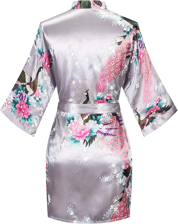 Women's Short Kimono Robes Bride and Bridesmaid Satin Floral Bathrobe Peacock Sleepwear Dressing Gown for Wedding Party