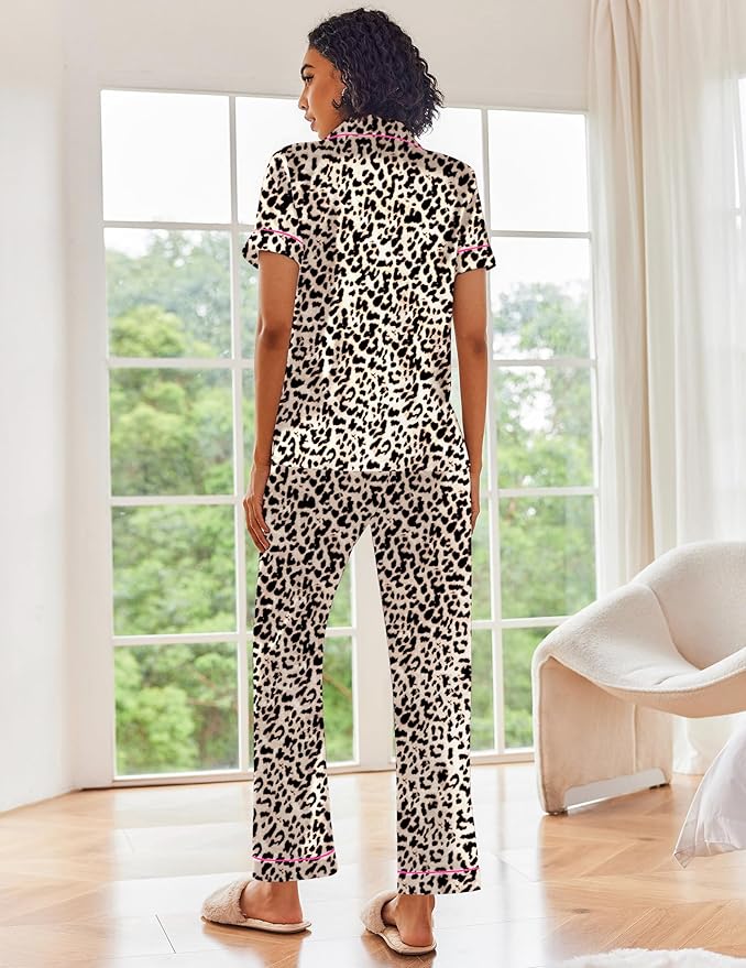 Ekouaer Silk Satin Pajamas Set Women Short Sleeve Sleepwear Soft Button Down Loungewear Pjs Set