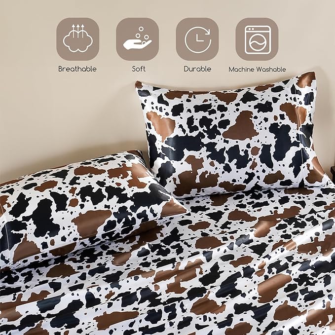 MR&HM Satin Bed Sheets with Elastic Corner Straps, Full Size Sheets Set, 4 Pcs Silky Bedding Set with 15 Inches Deep Pocket for Mattress (Full, Cow Print)