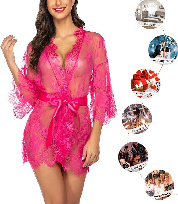 Avidlove Women's Lace Kimono Robe Babydoll Lingerie Mesh Nightgown S-5XL